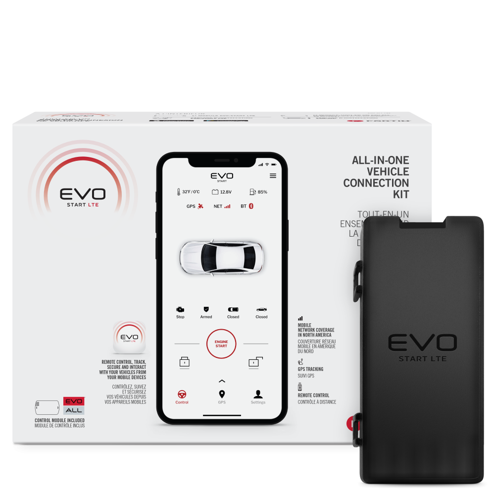 Fortin EVO-ALL-LTE All-in-one remote start, alarm and GPS Tracking kit that includes a EVO-START LTE Mobile Remote Control System and a EVO-ALL remote control module. Fortin