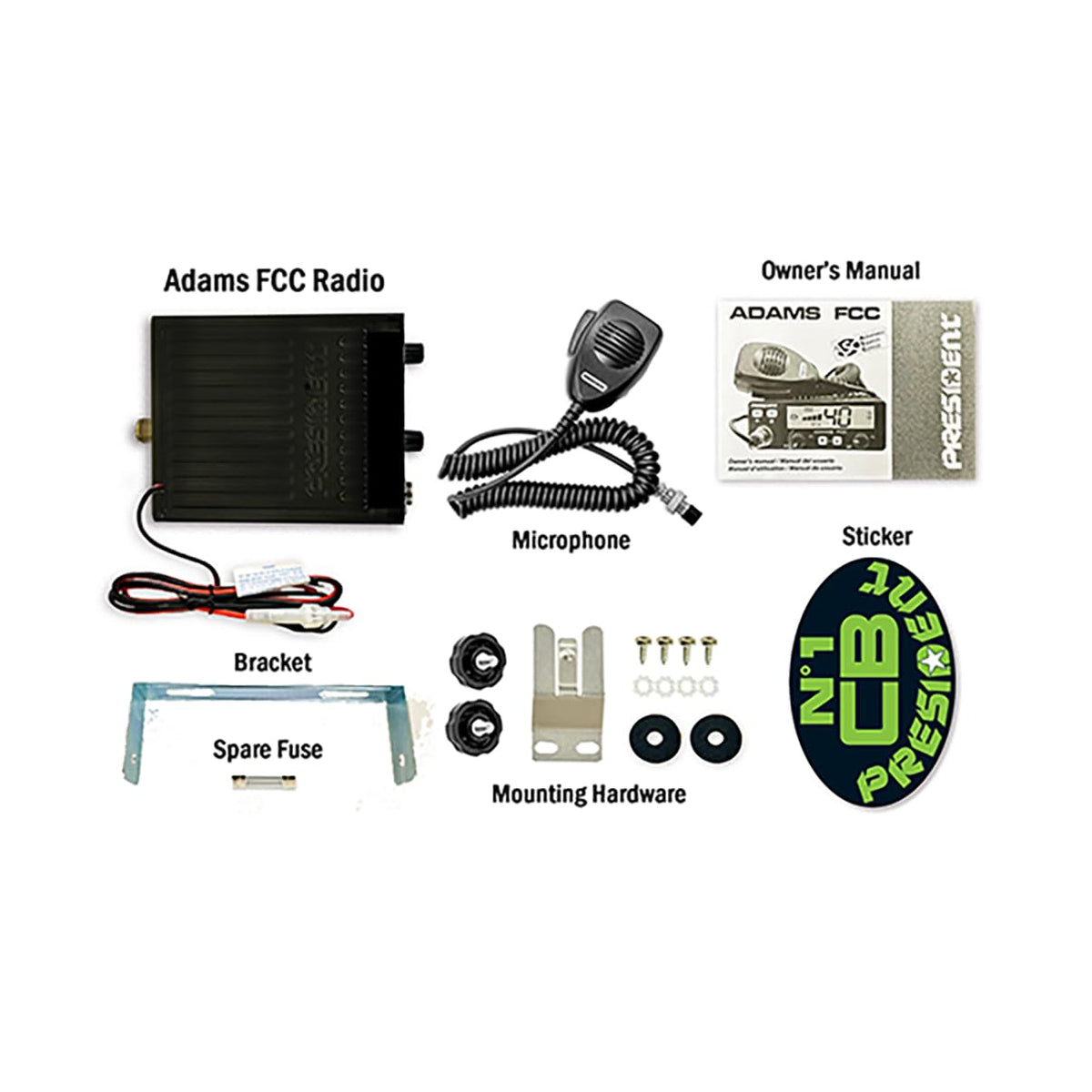 President Adams FCC CB Radio. Large LCD with 7 Colors, Programmable EMG Channel Shortcuts, Roger Beep and Key Beep, Electret or Dynamic Mic, ASC and Manual Squelch, Talkback President