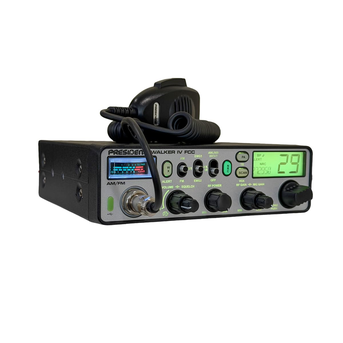 President Walker IV FCC AM/FM Trucker CB Radio with Automatic SWR/SWR Protection, 7-Color LCD with Glow Mode, Automatic Squelch, Noise Reduction, Weather/Alert, VOX Hands-free, USB-C Port, P-channels. President