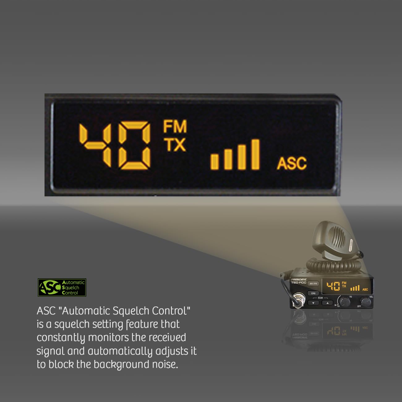 President Ted FCC AM/FM 40 Channel Compact CB Radio, LED Display, Emergency Channels, Automatic Squelch Control, PTT, 6pin MIc Plug, Time Out Timer, Key Beep, 2 Years Manufacture Warranty President