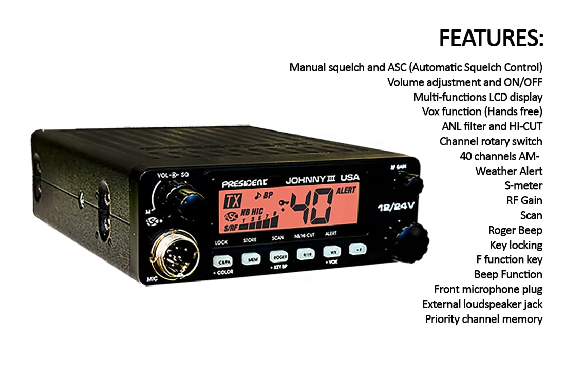 President Johnny III USA 40 Channel CB Radio 12 or 24V, Black President