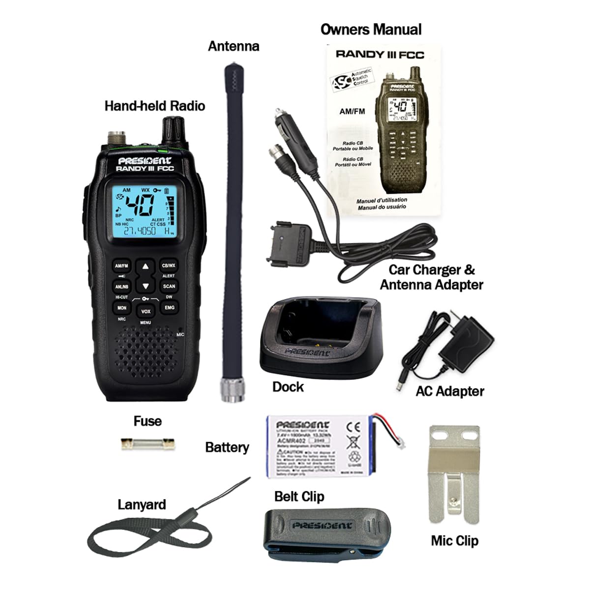 President Randy III FCC AM/FM Handheld CB Radio w/P Channels, NRC, Desktop Dock & Mobile Charge Module, 7Color Display, ASC, VOX, CTCSS/DCS, Weather Channel, Scan Skip, Flashlight, Key Lock (TXUS722) President