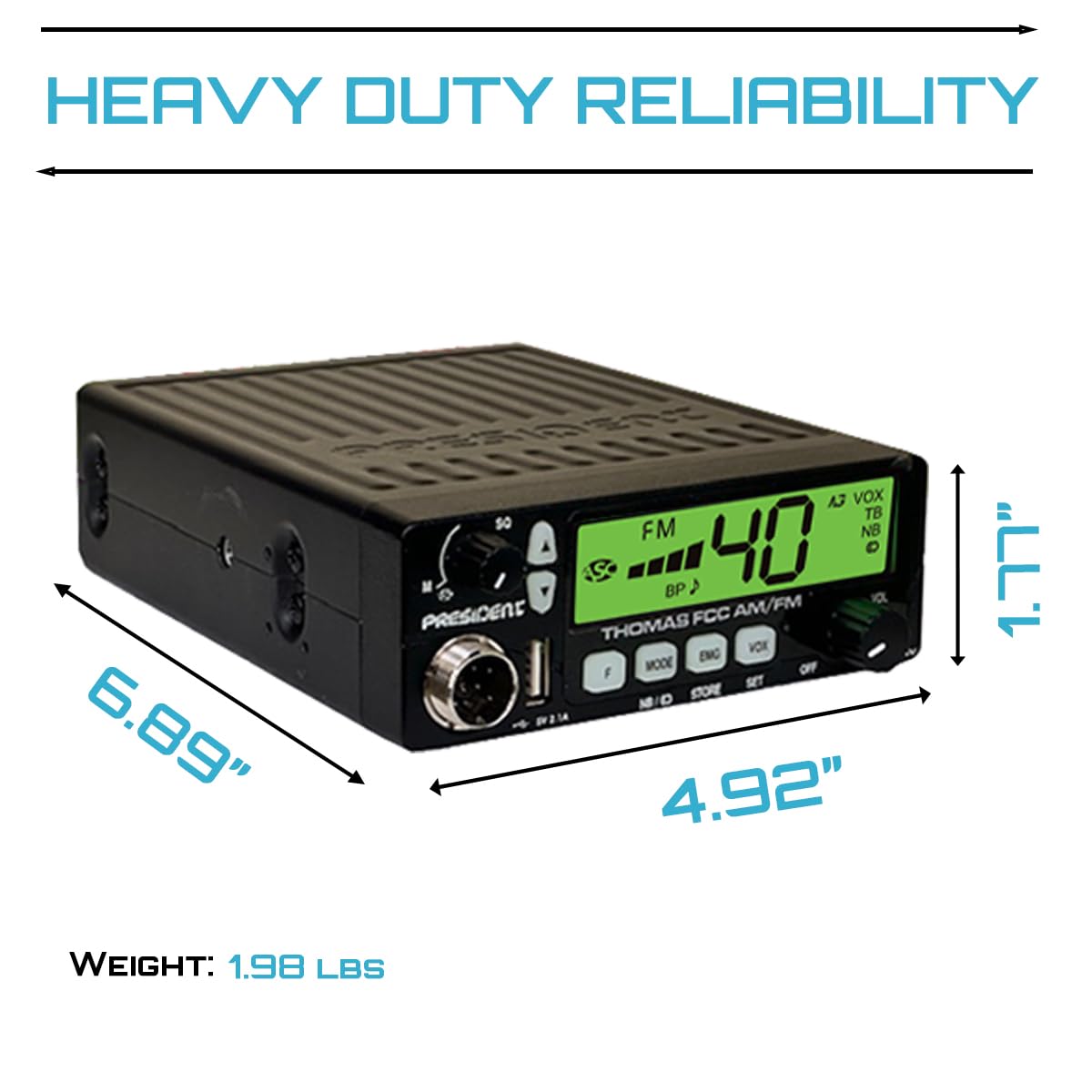 President Thomas FCC AM/FM CB Radio – 40 Channel, VOX Hands-Free, USB Port, ASC, Multi-Color LCD Display – 12/24V Compact Mobile Transceiver for Truckers & Off-Road Communication President