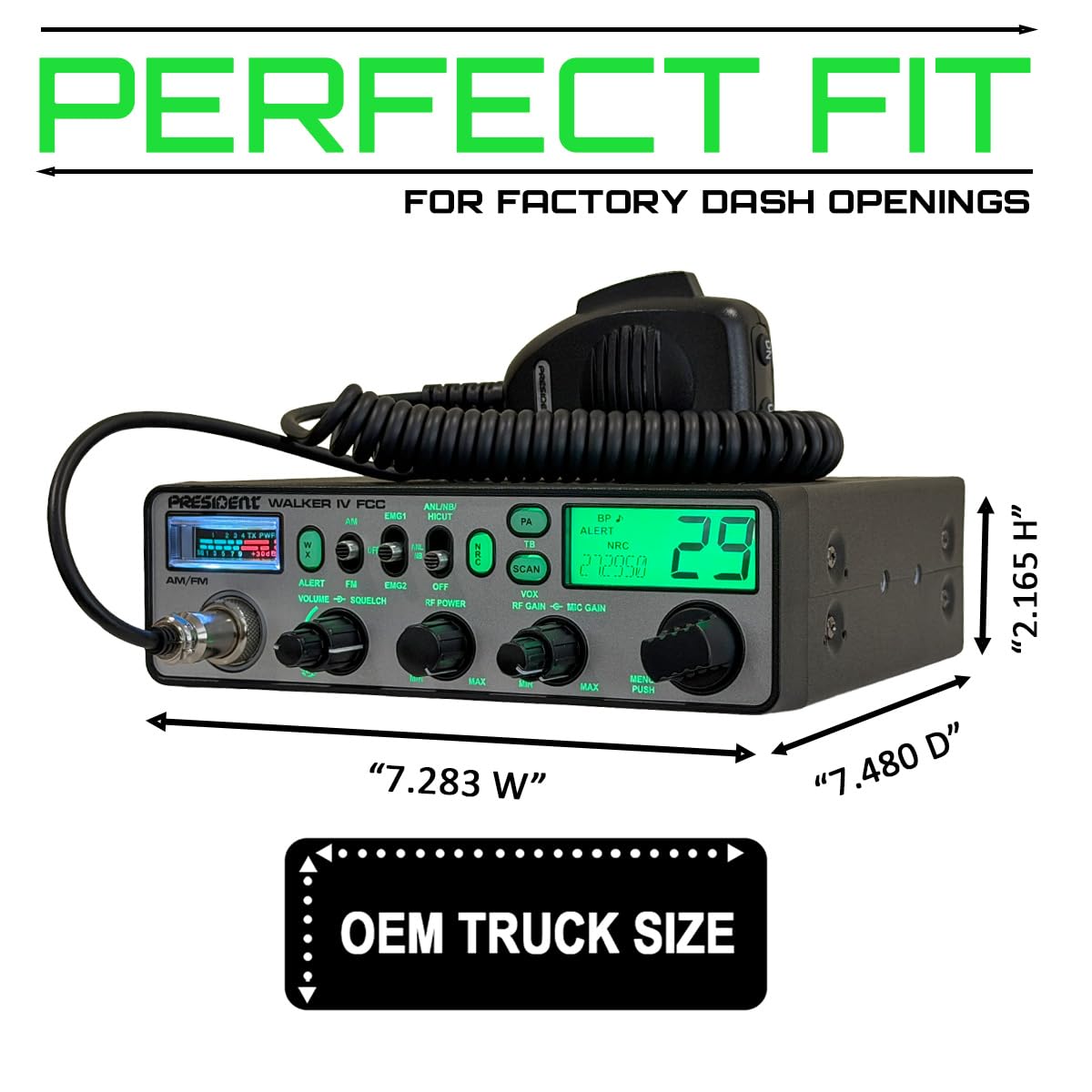 President Walker IV FCC AM/FM Trucker CB Radio with Automatic SWR/SWR Protection, 7-Color LCD with Glow Mode, Automatic Squelch, Noise Reduction, Weather/Alert, VOX Hands-free, USB-C Port, P-channels. President