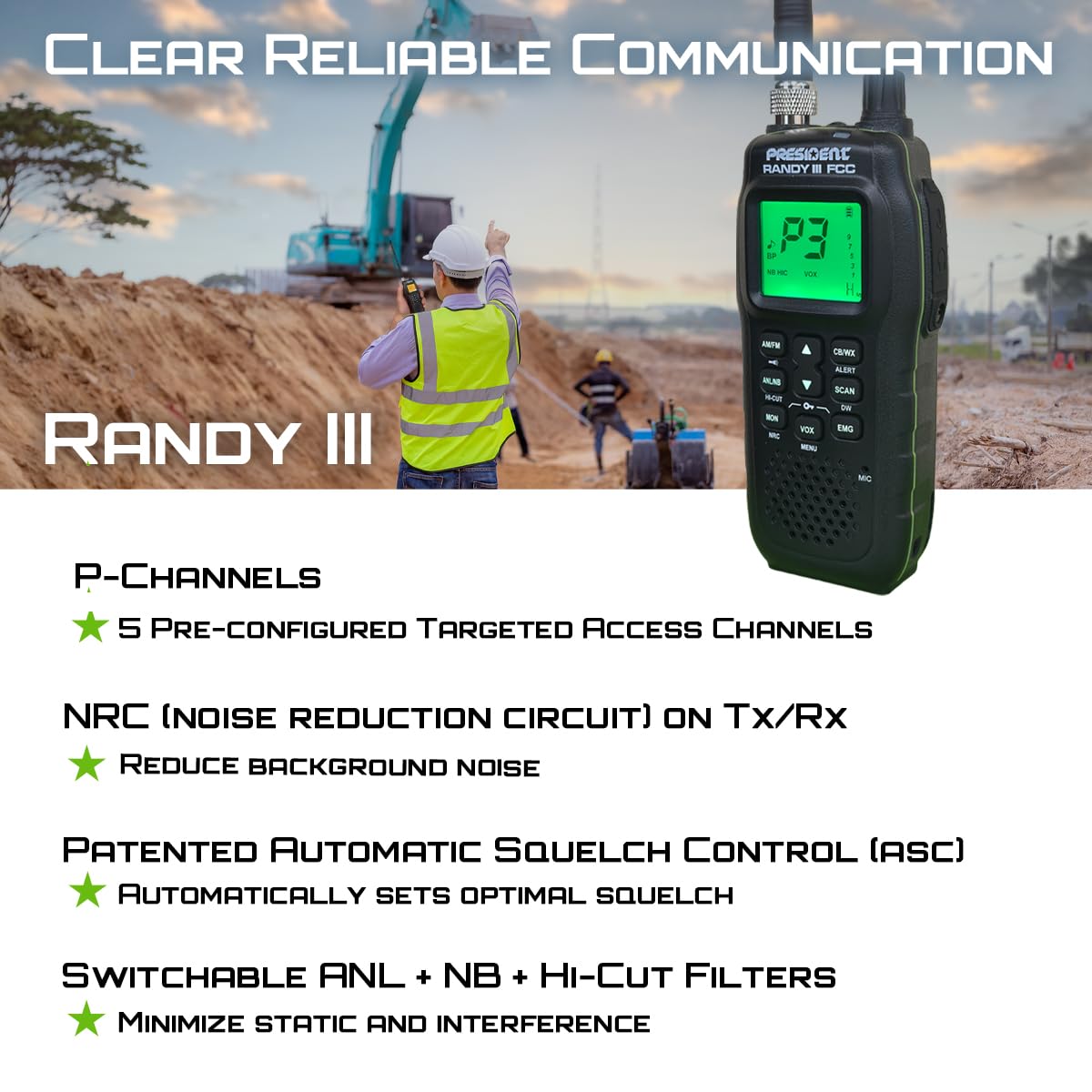 President Randy III FCC AM/FM Handheld CB Radio w/P Channels, NRC, Desktop Dock & Mobile Charge Module, 7Color Display, ASC, VOX, CTCSS/DCS, Weather Channel, Scan Skip, Flashlight, Key Lock (TXUS722) President