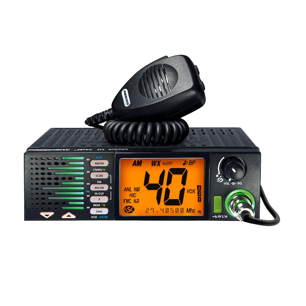 President JFK III FCC AM/FM Trucker CB Radio- OEM Truck Size with Front-Firing Flashing RX/TX Speaker, 7-Color Display, NOAA Weather Channel, USB Port, ASC, Noise Filter, Scan Skip President