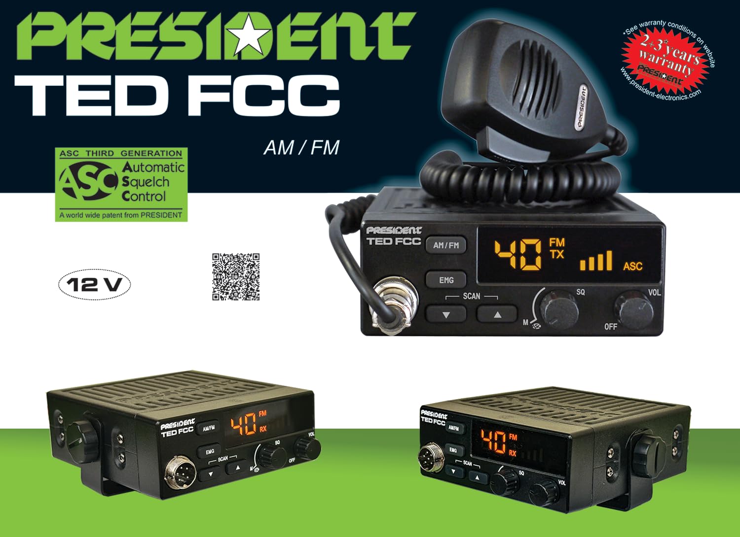 President Ted FCC AM/FM 40 Channel Compact CB Radio, LED Display, Emergency Channels, Automatic Squelch Control, PTT, 6pin MIc Plug, Time Out Timer, Key Beep, 2 Years Manufacture Warranty President