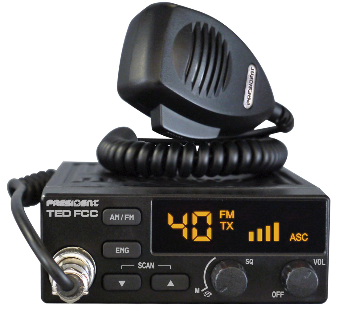 President Ted FCC AM/FM 40 Channel Compact CB Radio, LED Display, Emergency Channels, Automatic Squelch Control, PTT, 6pin MIc Plug, Time Out Timer, Key Beep, 2 Years Manufacture Warranty President