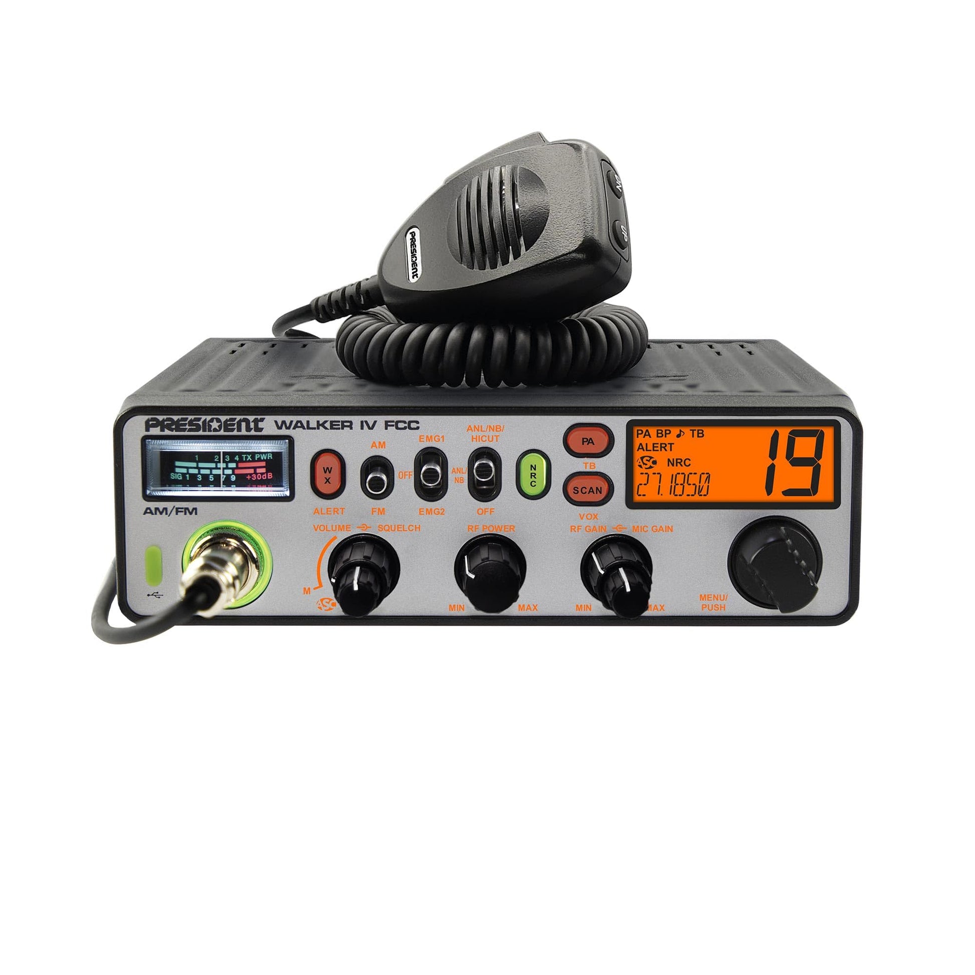President Walker IV FCC AM/FM Trucker CB Radio with Automatic SWR/SWR Protection, 7-Color LCD with Glow Mode, Automatic Squelch, Noise Reduction, Weather/Alert, VOX Hands-free, USB-C Port, P-channels. President