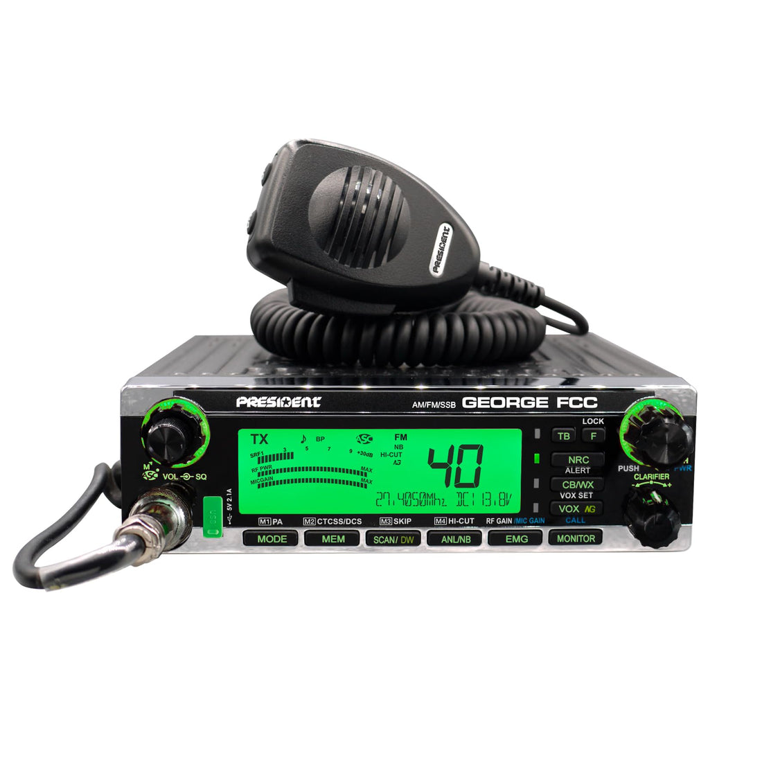 President George FCC AM/FM/SSB CB Radio, CTCSS/DCS, Large 7 Color LCD Display, Weather Channel/Alert, ASC, VOX, Scan Skip, USB Port, NRC, Automatic SWR, PA, SWR and Voltage Protection President