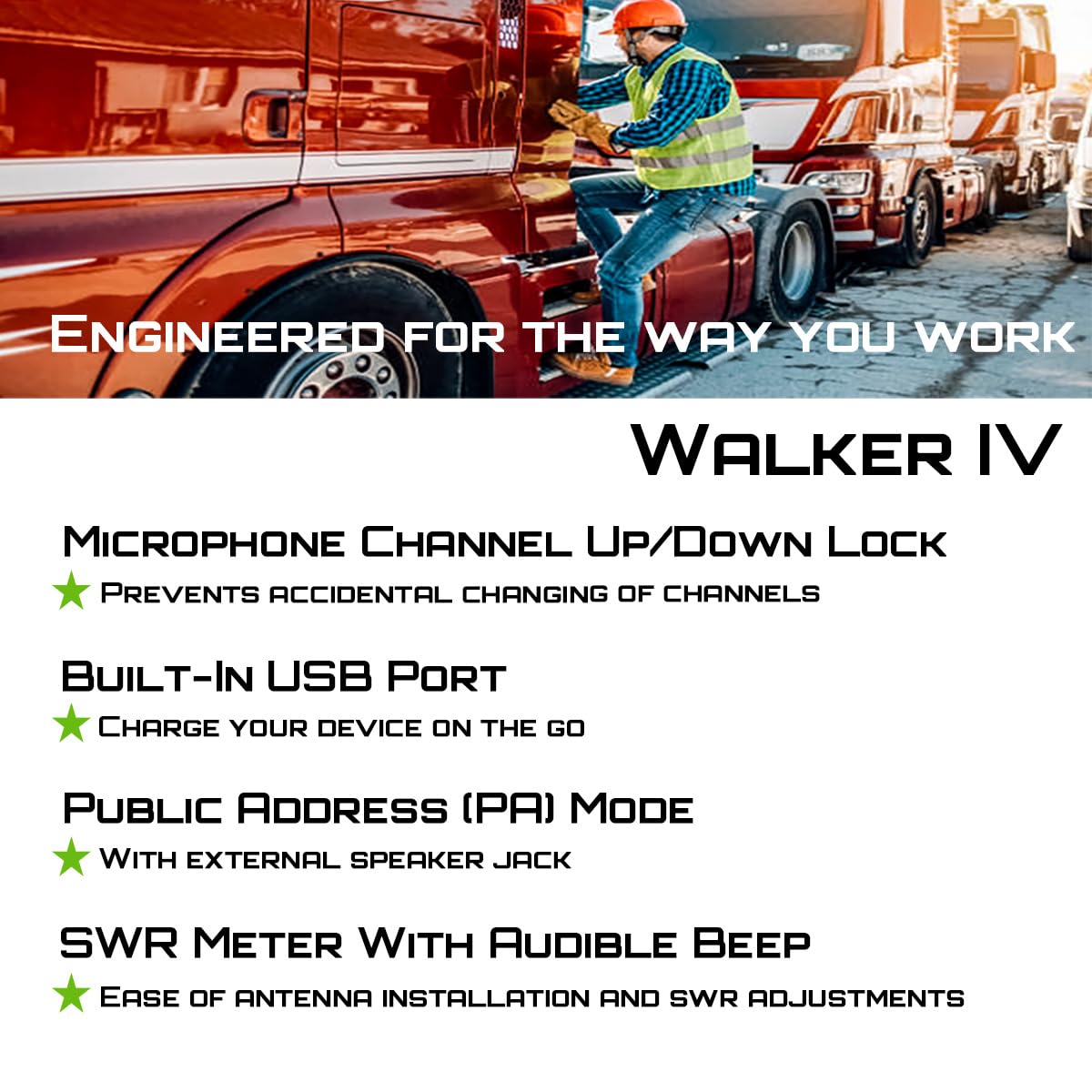 President Walker IV FCC AM/FM Trucker CB Radio with Automatic SWR/SWR Protection, 7-Color LCD with Glow Mode, Automatic Squelch, Noise Reduction, Weather/Alert, VOX Hands-free, USB-C Port, P-channels. President