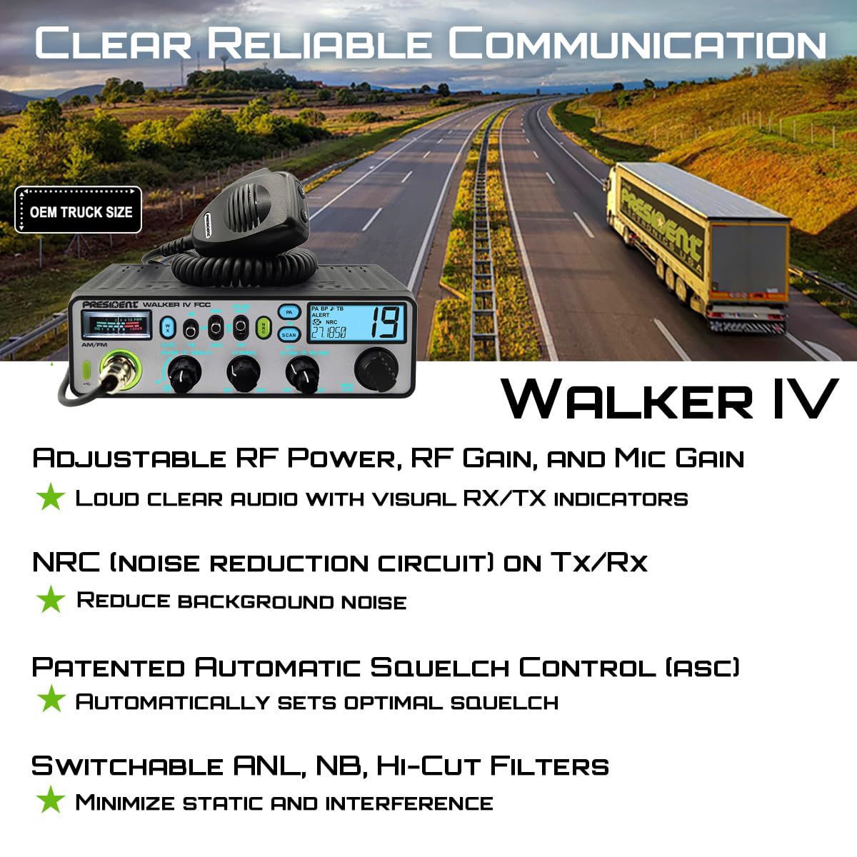 President Walker IV FCC AM/FM Trucker CB Radio with Automatic SWR/SWR Protection, 7-Color LCD with Glow Mode, Automatic Squelch, Noise Reduction, Weather/Alert, VOX Hands-free, USB-C Port, P-channels. President