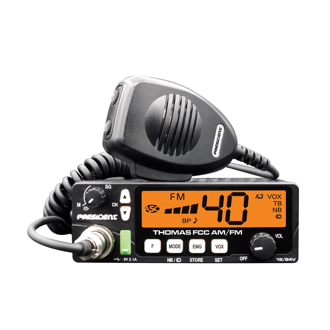 President Thomas FCC AM/FM CB Radio – 40 Channel, VOX Hands-Free, USB Port, ASC, Multi-Color LCD Display – 12/24V Compact Mobile Transceiver for Truckers & Off-Road Communication President