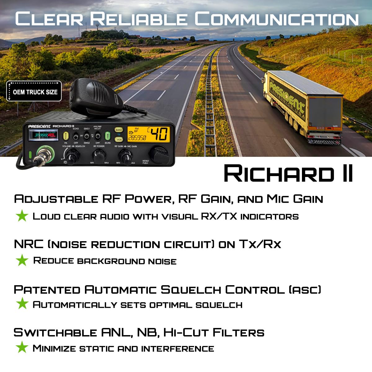 President Richard II 10 Meter Amateur Radio Service 28 to 29.7MHz, OEM Truck Size, with Voltage Protection President