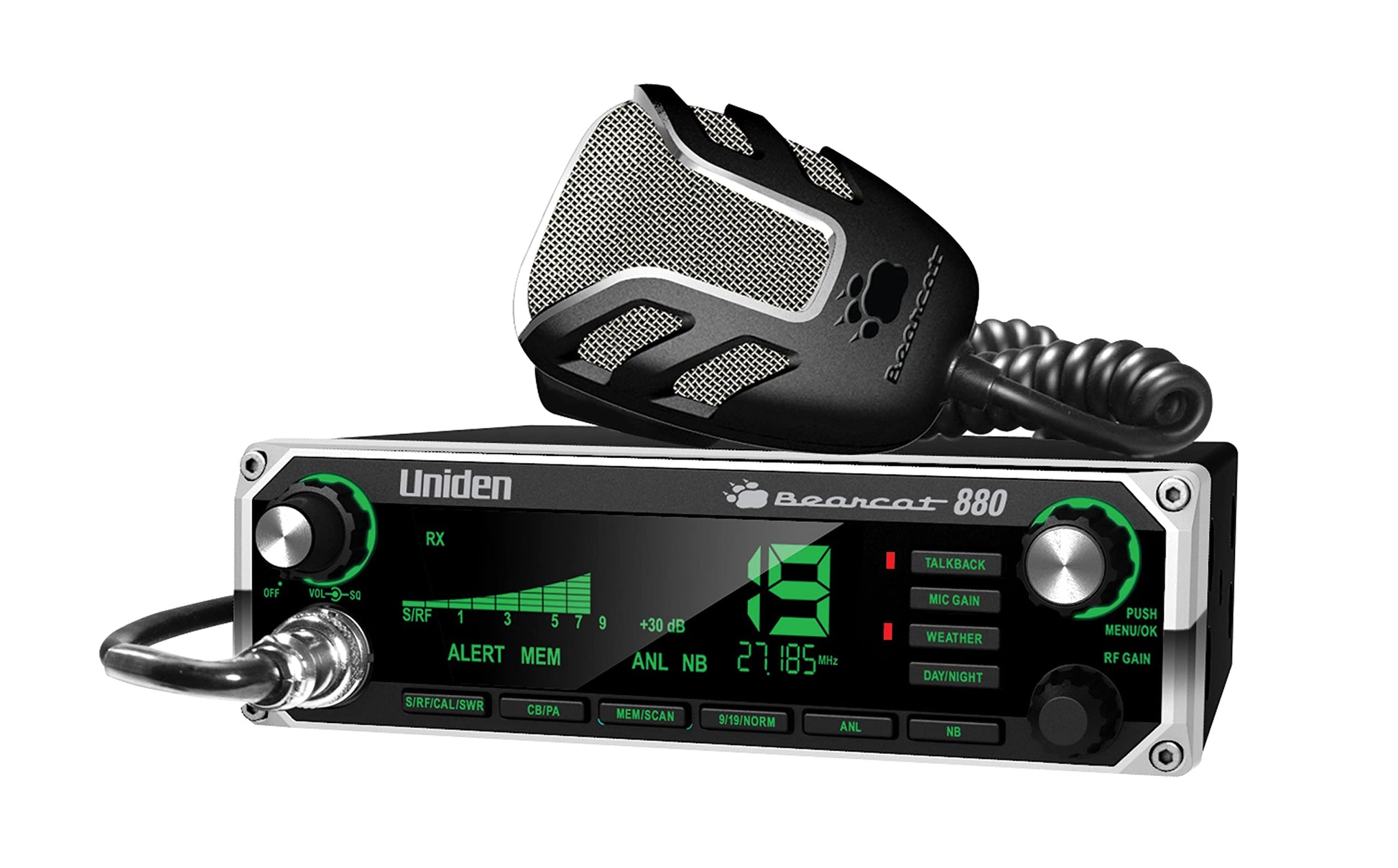 Uniden BEARCAT 880 CB Radio with 40 Channels and Large Easy-to-Read 7-Color LCD Display with Backlighting, Backlit Control Knobs/Buttons, NOAA Weather Alert, PA/CB Switch, and Wireless Mic Compatible Uniden