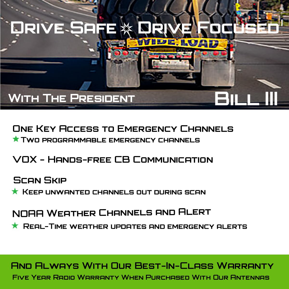 President Bill III (Bill 3) FCC AM/FM Ultra-Compact with P Channels, NRC, Weather Channel CB Radio. (TXUS201) President
