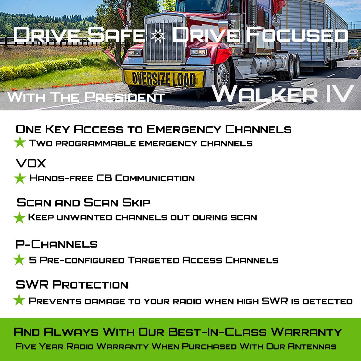 President Walker IV FCC AM/FM Trucker CB Radio with Automatic SWR/SWR Protection, 7-Color LCD with Glow Mode, Automatic Squelch, Noise Reduction, Weather/Alert, VOX Hands-free, USB-C Port, P-channels. President