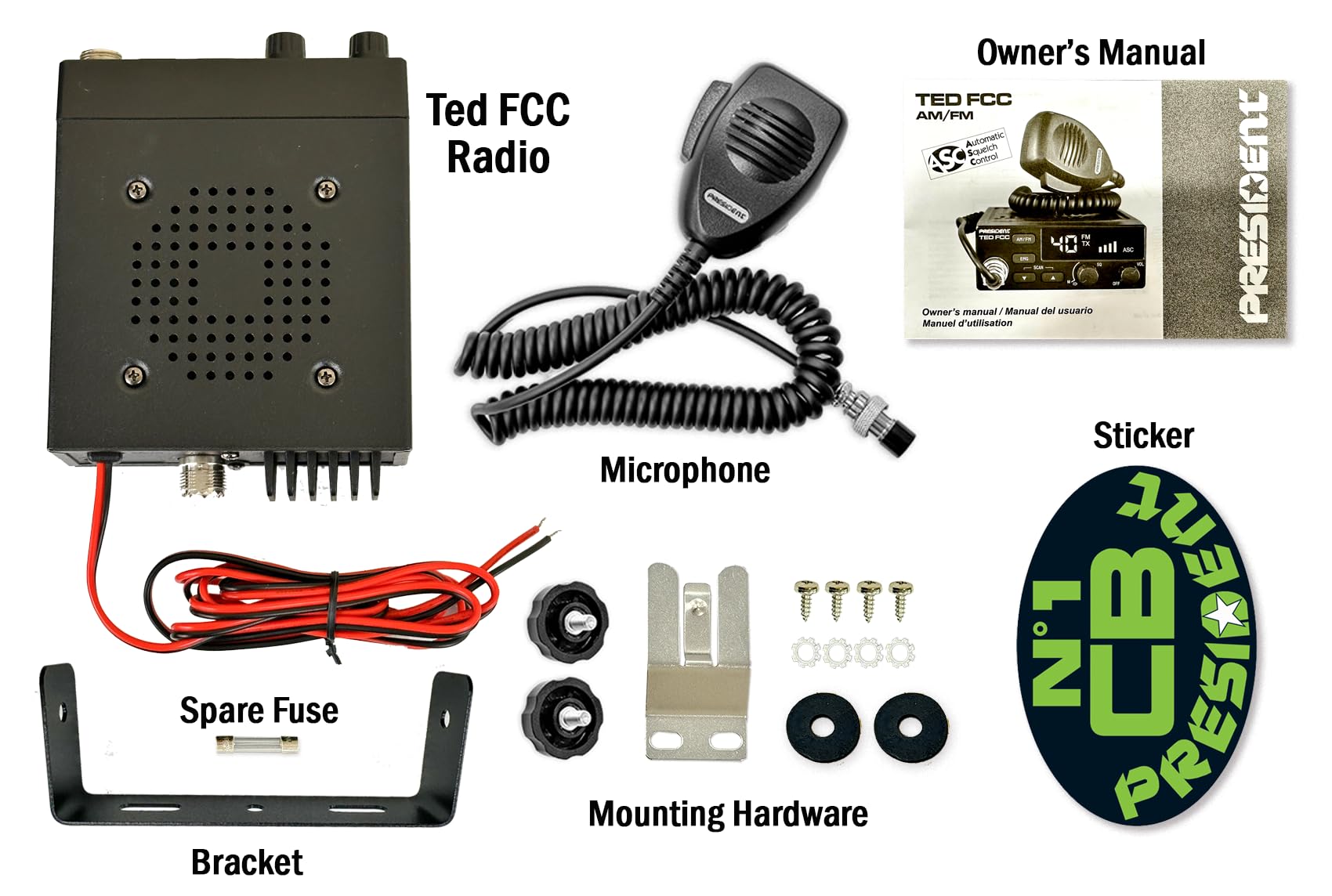President Ted FCC AM/FM 40 Channel Compact CB Radio, LED Display, Emergency Channels, Automatic Squelch Control, PTT, 6pin MIc Plug, Time Out Timer, Key Beep, 2 Years Manufacture Warranty President