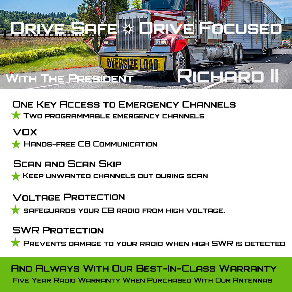 President Richard II 10 Meter Amateur Radio Service 28 to 29.7MHz, OEM Truck Size, with Voltage Protection President