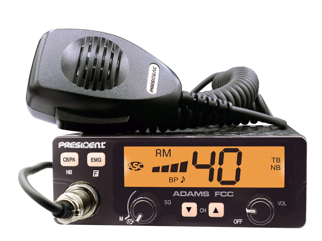 President Adams FCC CB Radio. Large LCD with 7 Colors, Programmable EMG Channel Shortcuts, Roger Beep and Key Beep, Electret or Dynamic Mic, ASC and Manual Squelch, Talkback President