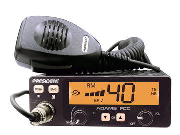 President Adams FCC CB Radio. Large LCD with 7 Colors, Programmable EMG Channel Shortcuts, Roger Beep and Key Beep, Electret or Dynamic Mic, ASC and Manual Squelch, Talkback President