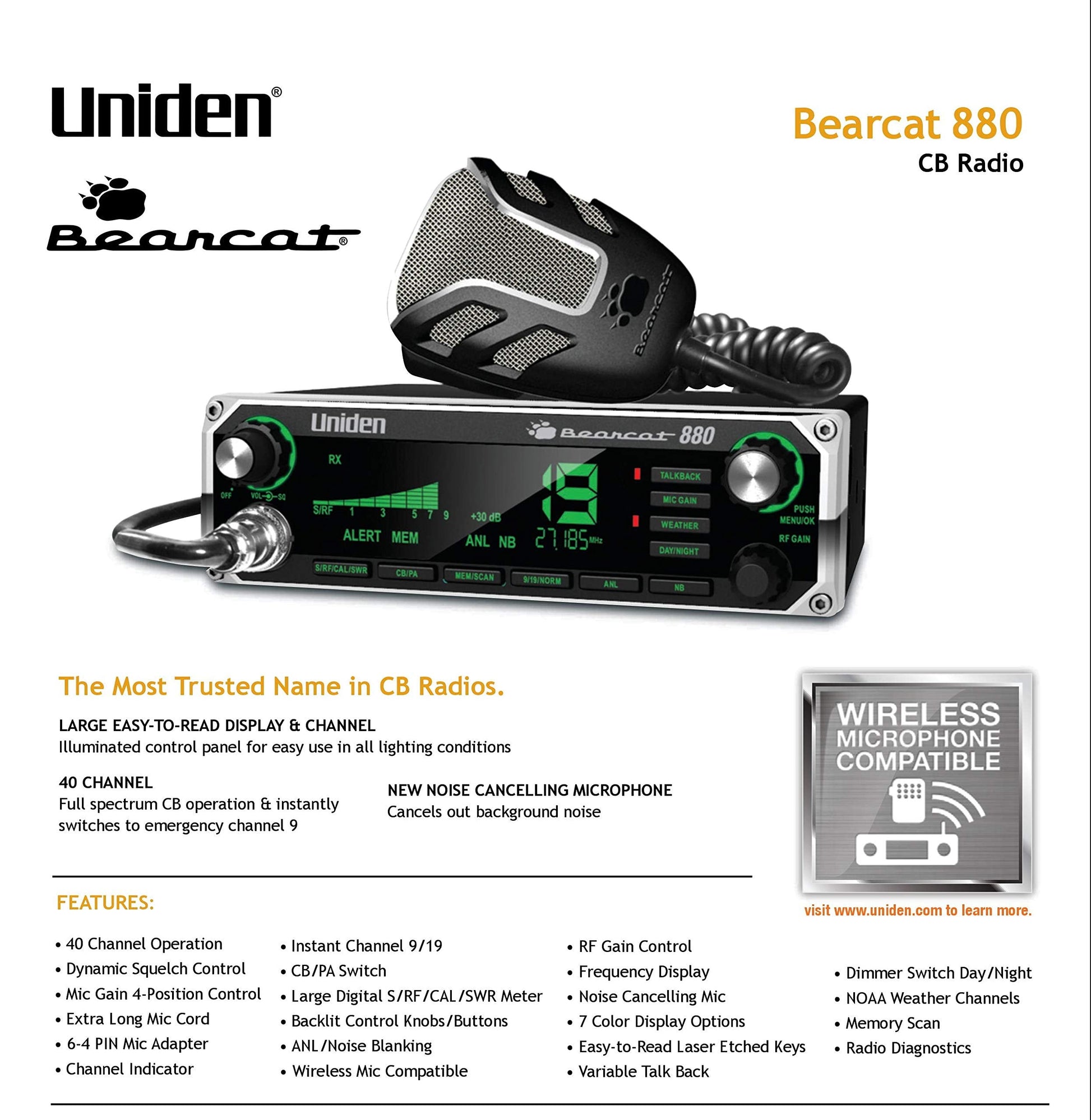 Uniden BEARCAT 880 CB Radio with 40 Channels and Large Easy-to-Read 7-Color LCD Display with Backlighting, Backlit Control Knobs/Buttons, NOAA Weather Alert, PA/CB Switch, and Wireless Mic Compatible Uniden