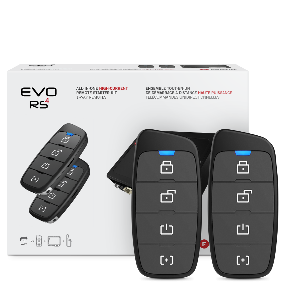 Fortin EVO-ONE-441 1-way long-range RF kit included all-in-one remote starter kit with 2 4-button remotes. Fortin