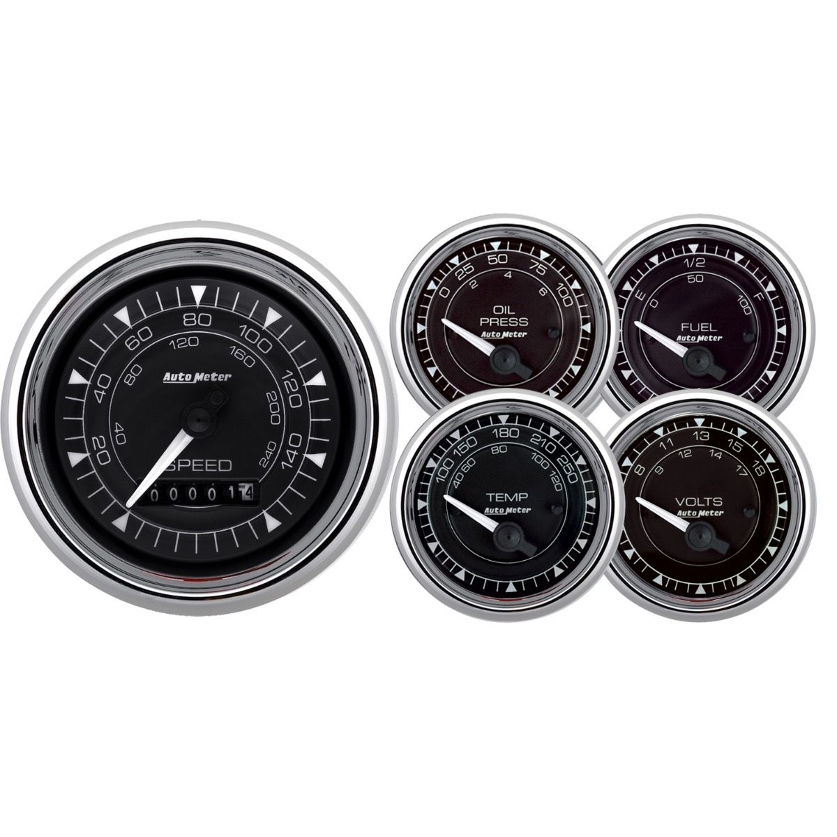 Autometer 9708 KIT DE 5 INDICADORES DE 3-3/8" Y 2-1/16", VELOCÍMETRO ELÉCTRICO, CRONÓGRAFO CROMADO