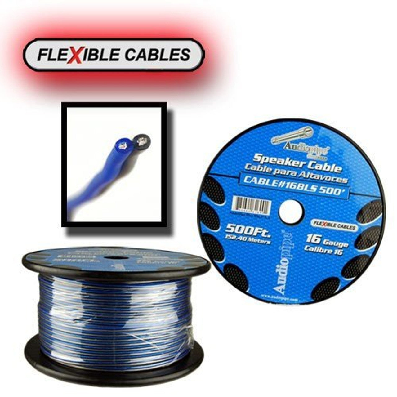 Audiopipe Cable16BLS500 16 GA 500' Spool Car Audio Speaker Cable 16 Gauge Audiopipe