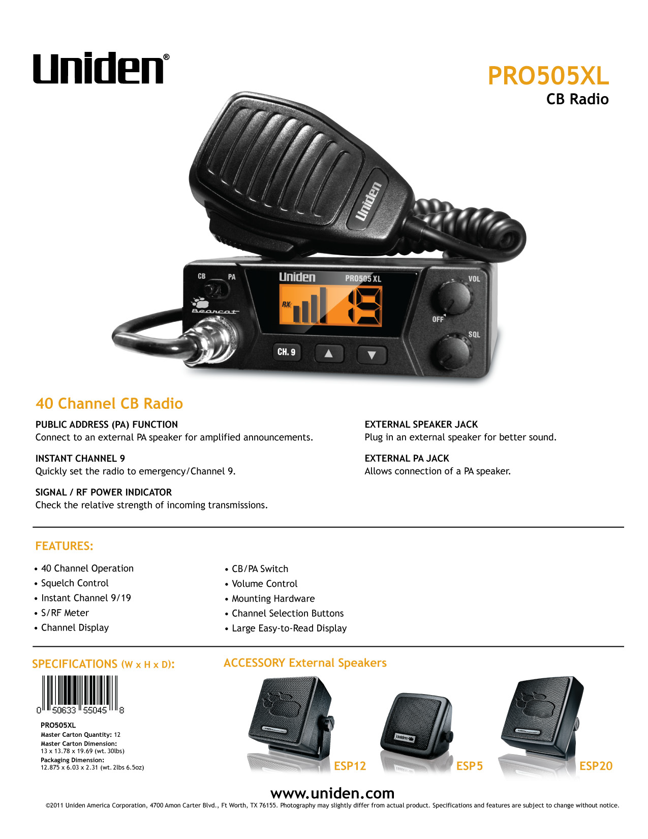 Uniden PRO505XL 40 Channel Compact Mobile CB Radio Uniden