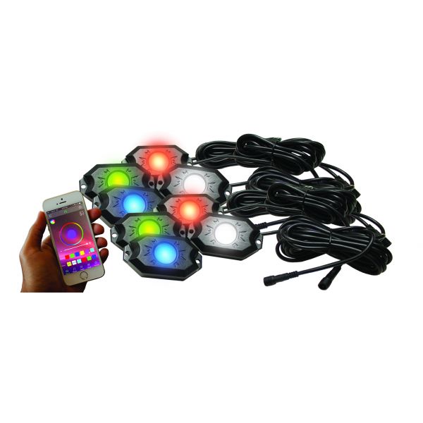 Racesport RS8PRGBW 8-POD RGBW Hi-Power Rock Light Complete Kit with Bluetooth APP controls in Retail Box