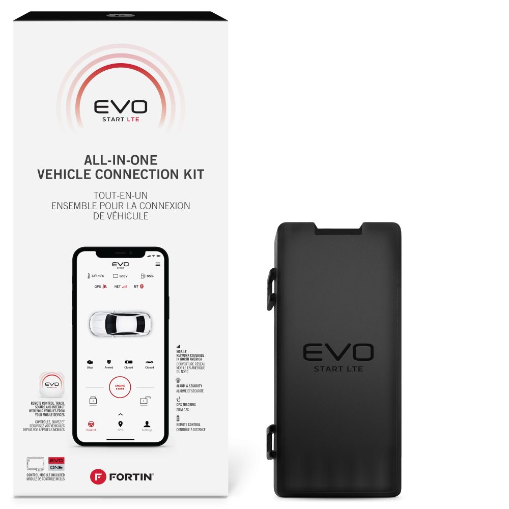 Fortin EVO-ONE-LTE All-in-one remote start, alarm and GPS Tracking kit that includes a EVO-START LTE Mobile Remote Control System and a EVO-ONE remote control module. Fortin