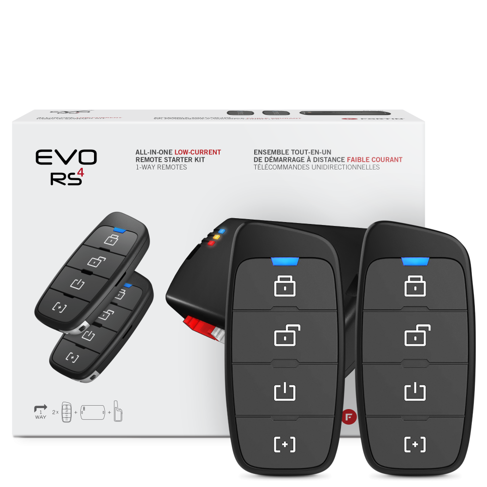 Fortin EVO-ALL-441 1-way long-range RF kit included all-in-one remote starter kit with 2 4-button remotes. Fortin