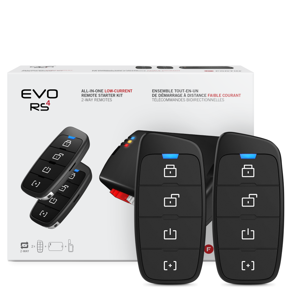 Fortin EVO-ALL-442 2-way long-range RF kit Included all-in-one remote starter kit with 2 4-button remotes. Fortin