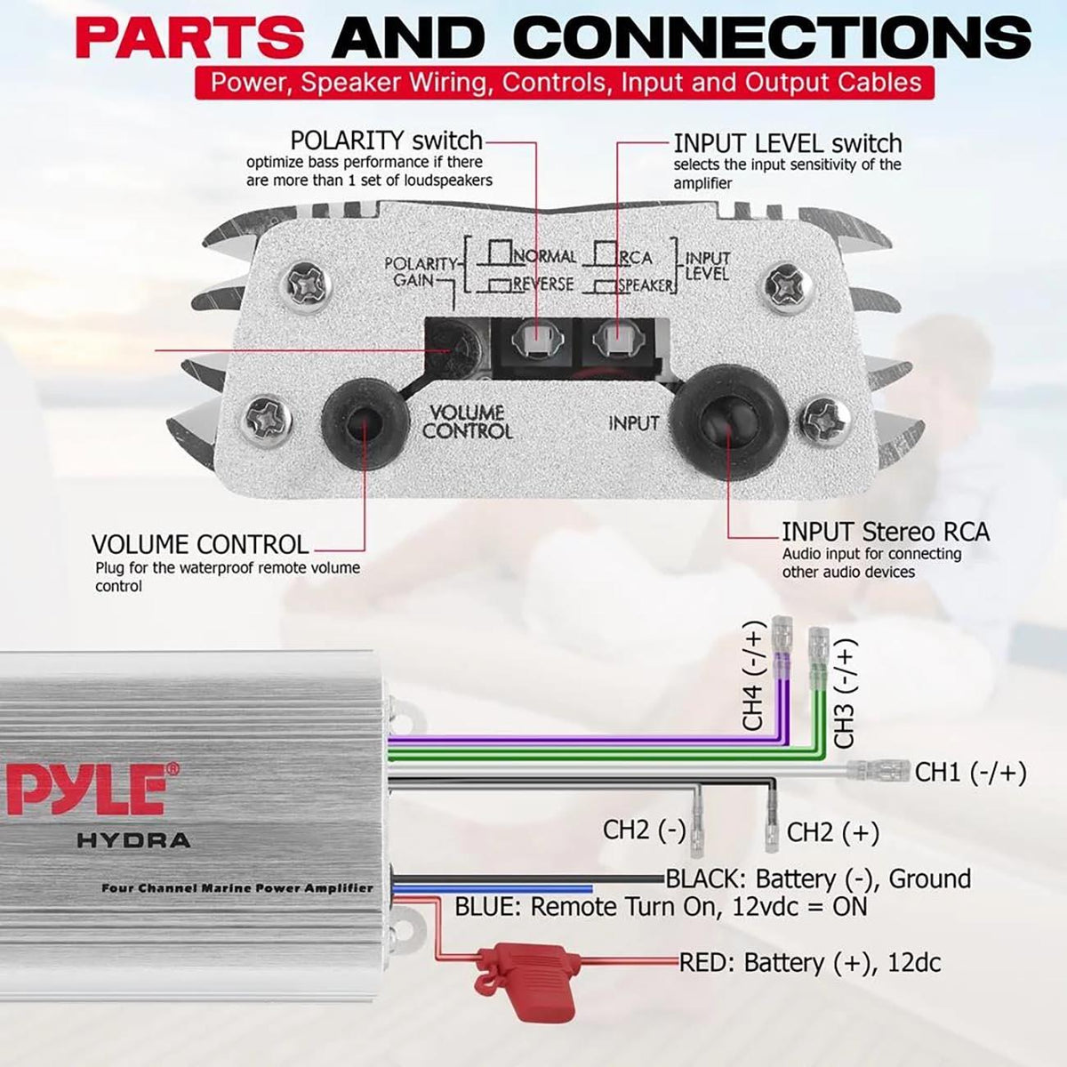 Pyle PLMRMP3A  Marine 4 Channel Amplifier 800W MAX - Silver Finish Pyle