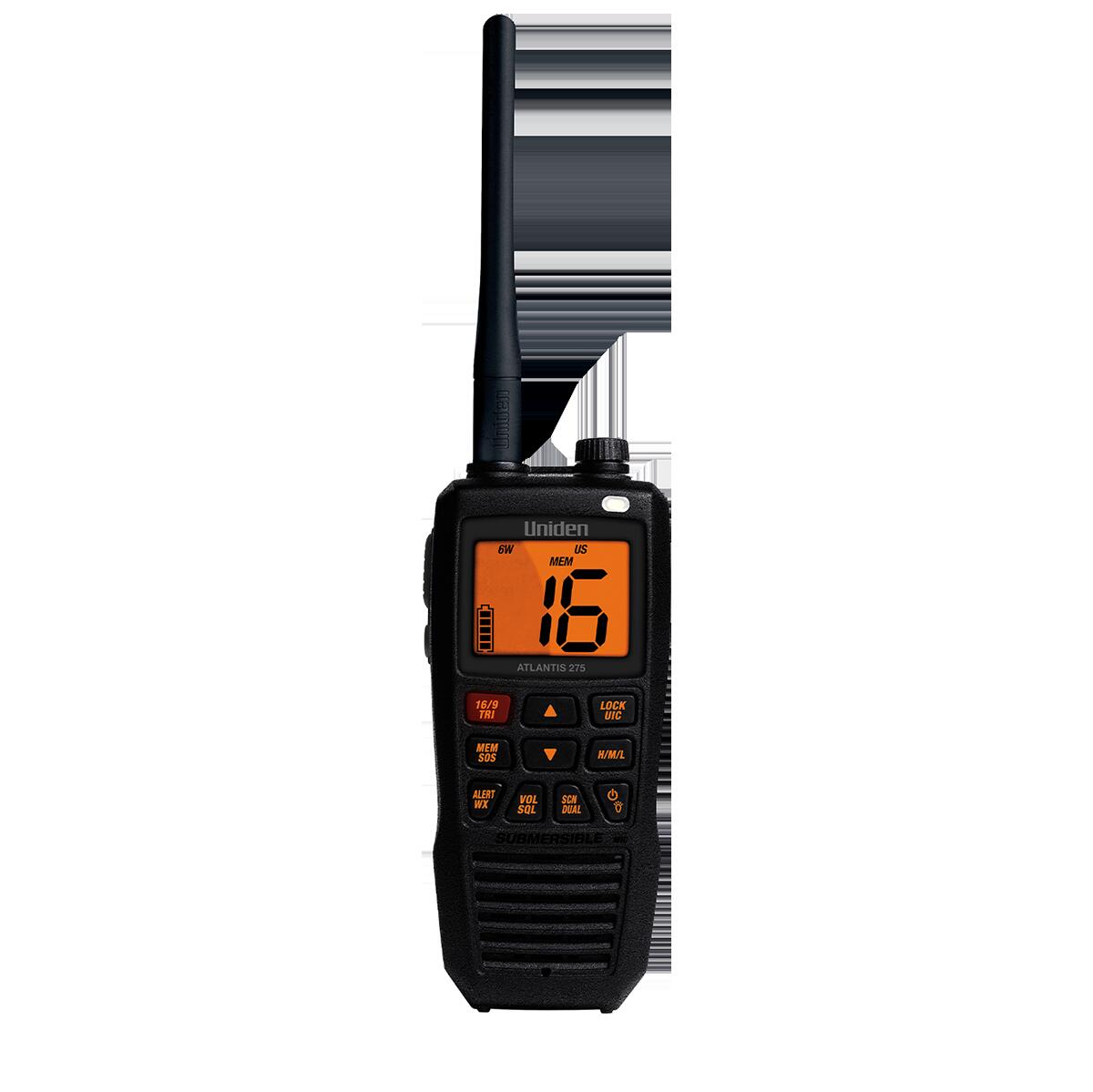 Uniden ATLANTIS275  Floating Waterproof 6/2.5/1 Watt Vhf Marine Handheld Radio With 4 Digit & "b" Channels Uniden