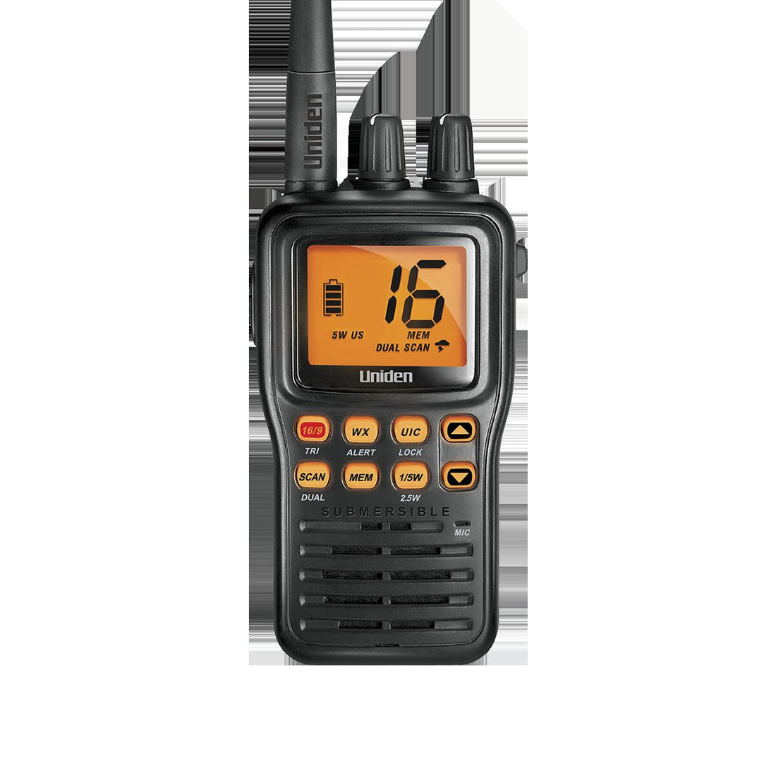 Uniden MHS75 Submersible Compact Handheld Vhf Marine Radio With Orange Backlit Keypad & Lcd Display Uniden
