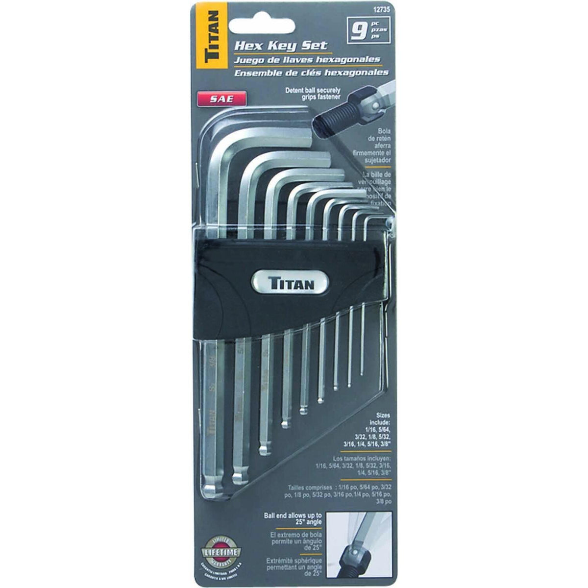 Titan Tools 12735 9 Pc Sae Detent Ball Hex Key Set 1/16 Up To 3/8 Titan Tools