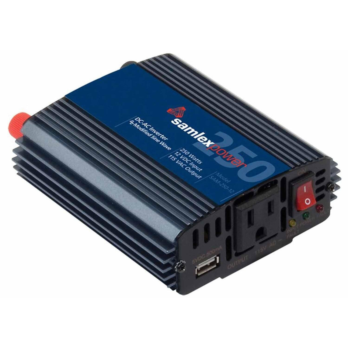 Samlex SAM25012 250 Watt Modified Sinewave 12vdc To 115vac Inverter With One Outlet & Usb Port, Cigarette Plug & Battery Clamps Samlex