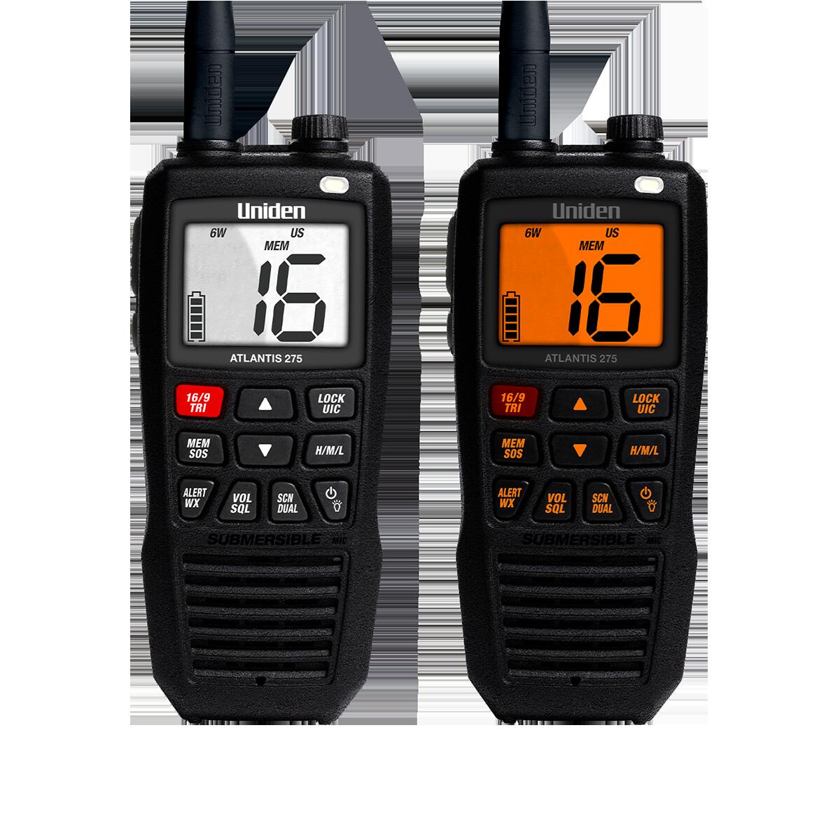 Uniden ATLANTIS275  Floating Waterproof 6/2.5/1 Watt Vhf Marine Handheld Radio With 4 Digit & "b" Channels Uniden