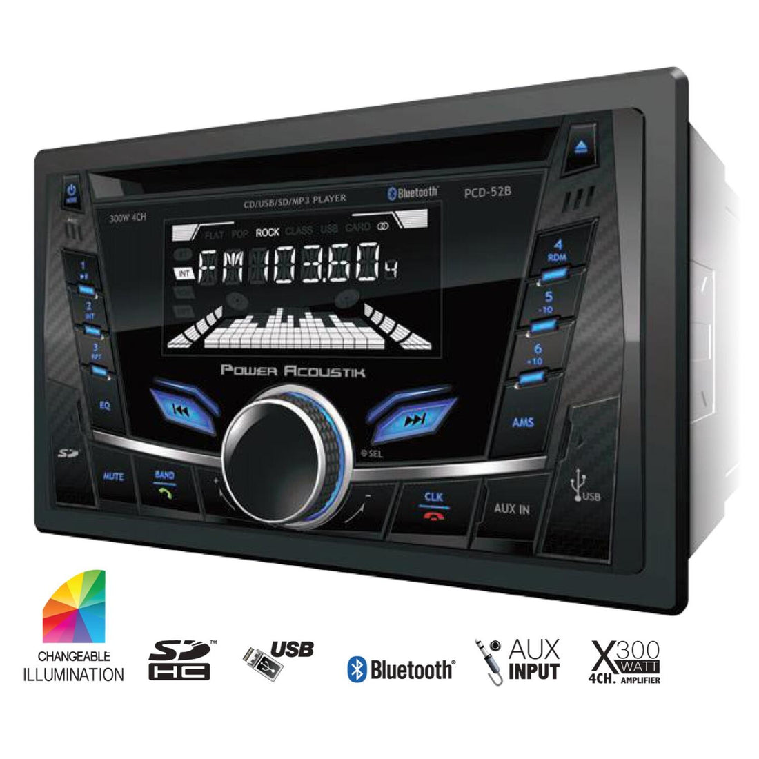 Power Acoustik PCD52B 2 Din 300 Watt 4 Channel Cd & Mp3  Am/fm Receiver With Sd/usb Playback & V2.0 Bluetooth Hands Free Calling From Enabled Phone Power Acoustik