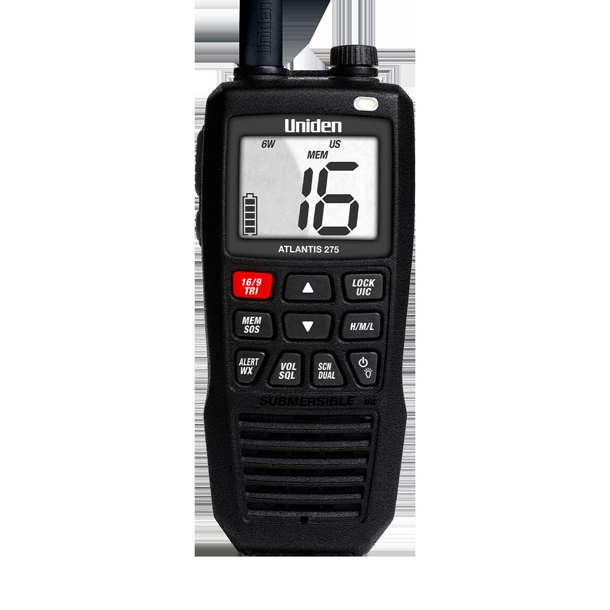 Uniden ATLANTIS275  Floating Waterproof 6/2.5/1 Watt Vhf Marine Handheld Radio With 4 Digit & "b" Channels Uniden