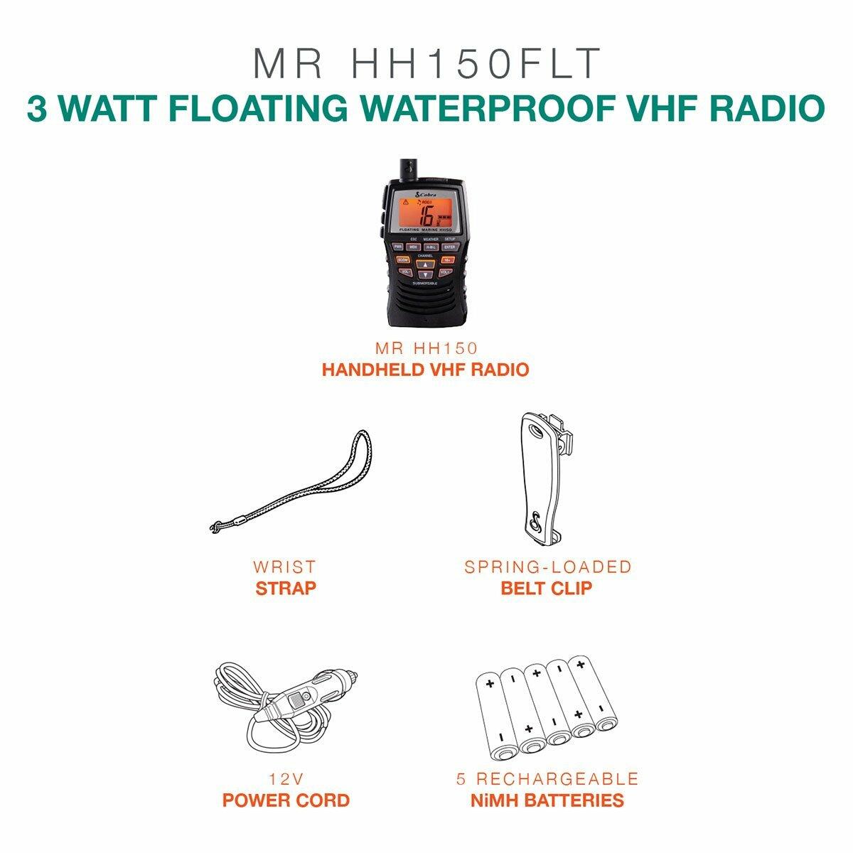 Cobra MRHH150FLT 3 Watt Vhf Handheld Marine Radio With Noaa Weather & Alerts, Submersible For 30 Minutes Cobra