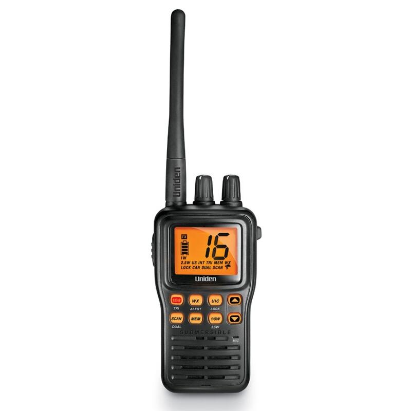 Uniden MHS75 Submersible Compact Handheld Vhf Marine Radio With Orange Backlit Keypad & Lcd Display Uniden