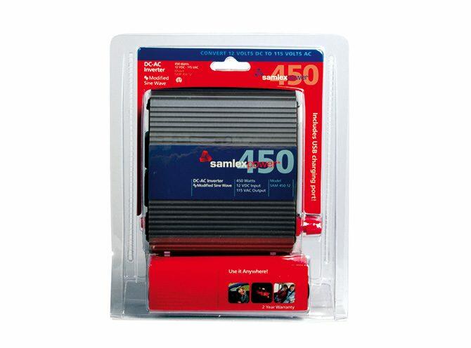 Samlex SAM45012 450 Watt Modified Sinewave 12vdc To 115vac Inverter With Two Outlets & Usb Port, Cigarette Plug & Battery Clamps Samlex