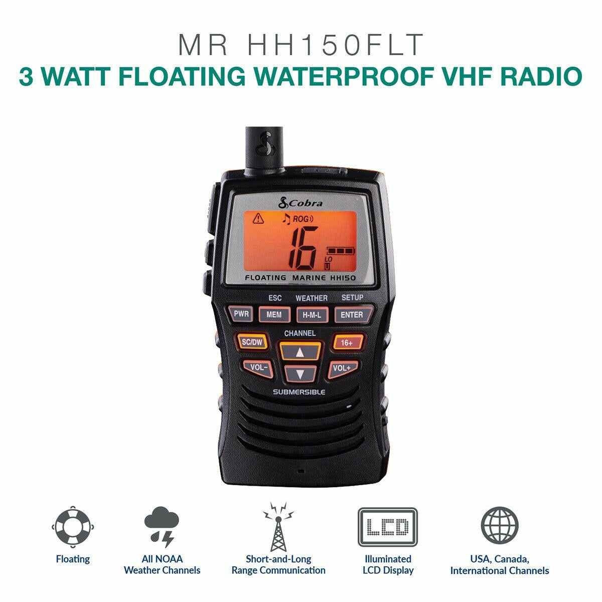 Cobra MRHH150FLT 3 Watt Vhf Handheld Marine Radio With Noaa Weather & Alerts, Submersible For 30 Minutes Cobra