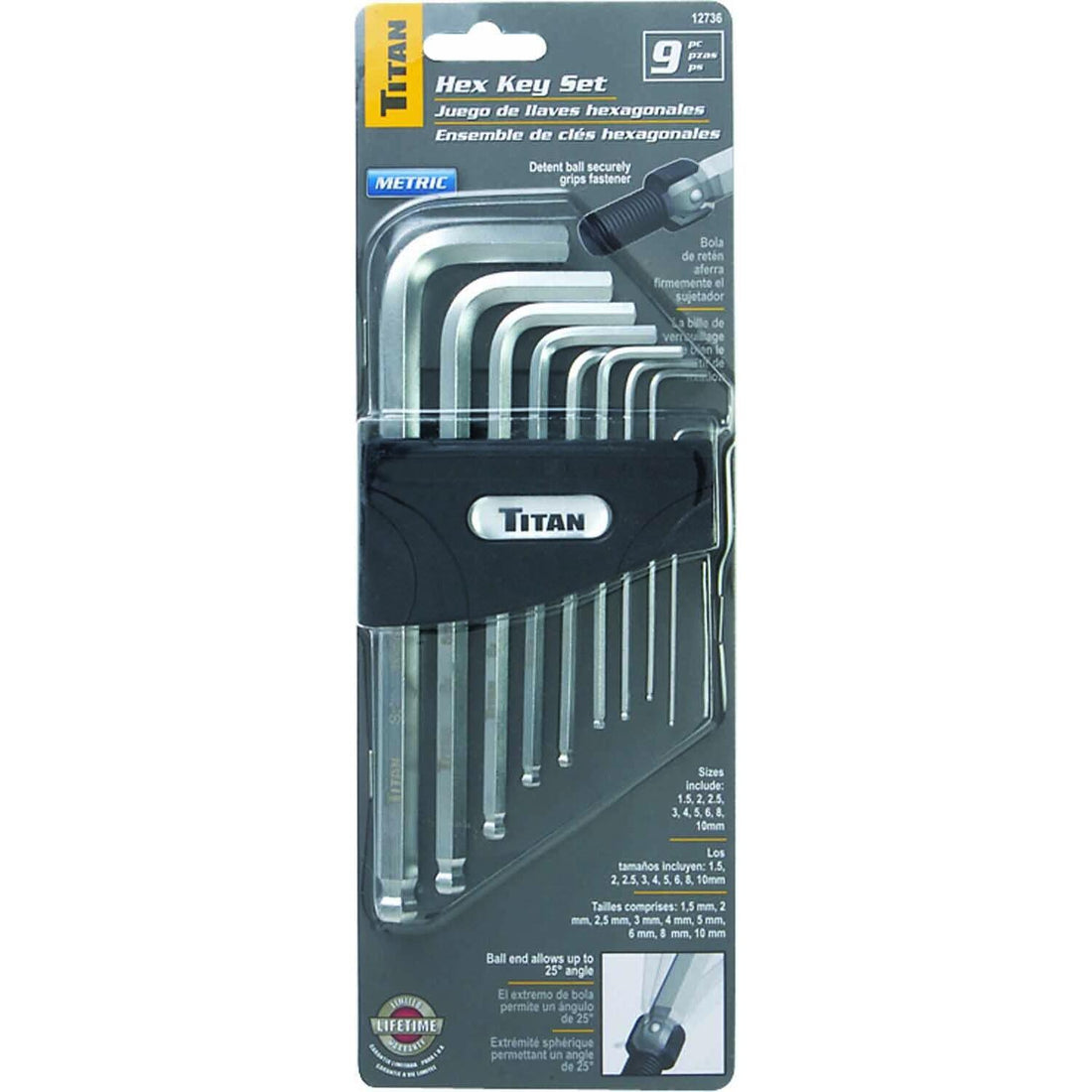 Titan Tools 12736 9 Pc Metric Detent Ball Hex Key Set 1.5 Up To 10mm Titan Tools