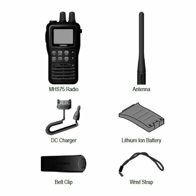 Uniden MHS75 Submersible Compact Handheld Vhf Marine Radio With Orange Backlit Keypad & Lcd Display Uniden
