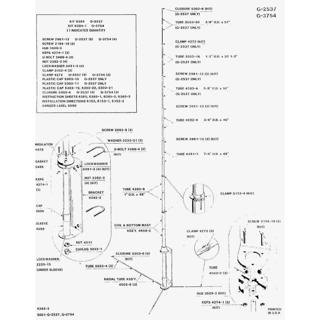 Hustler G3754 37-54 Mhz 300 Watt 9'-2" Omni Directional 4.2 Db Gain Aluminum End Fed Collinear  Base Station Antenna With So239 Connector Hustler