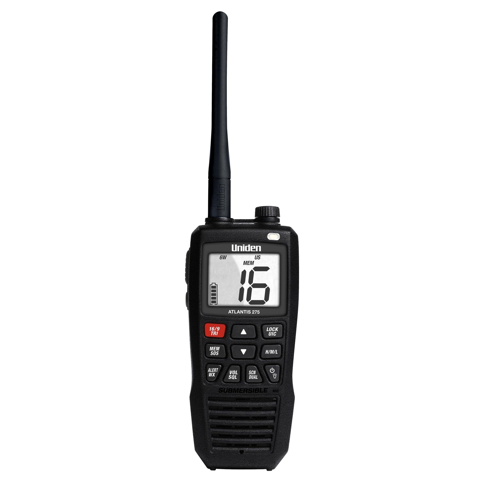 Uniden ATLANTIS275  Floating Waterproof 6/2.5/1 Watt Vhf Marine Handheld Radio With 4 Digit & "b" Channels Uniden